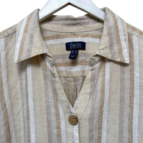 DENIM & Co. Womens Long Shirt Medium Linen Blend Swim Coverup Beige Stripe - Picture 4 of 9